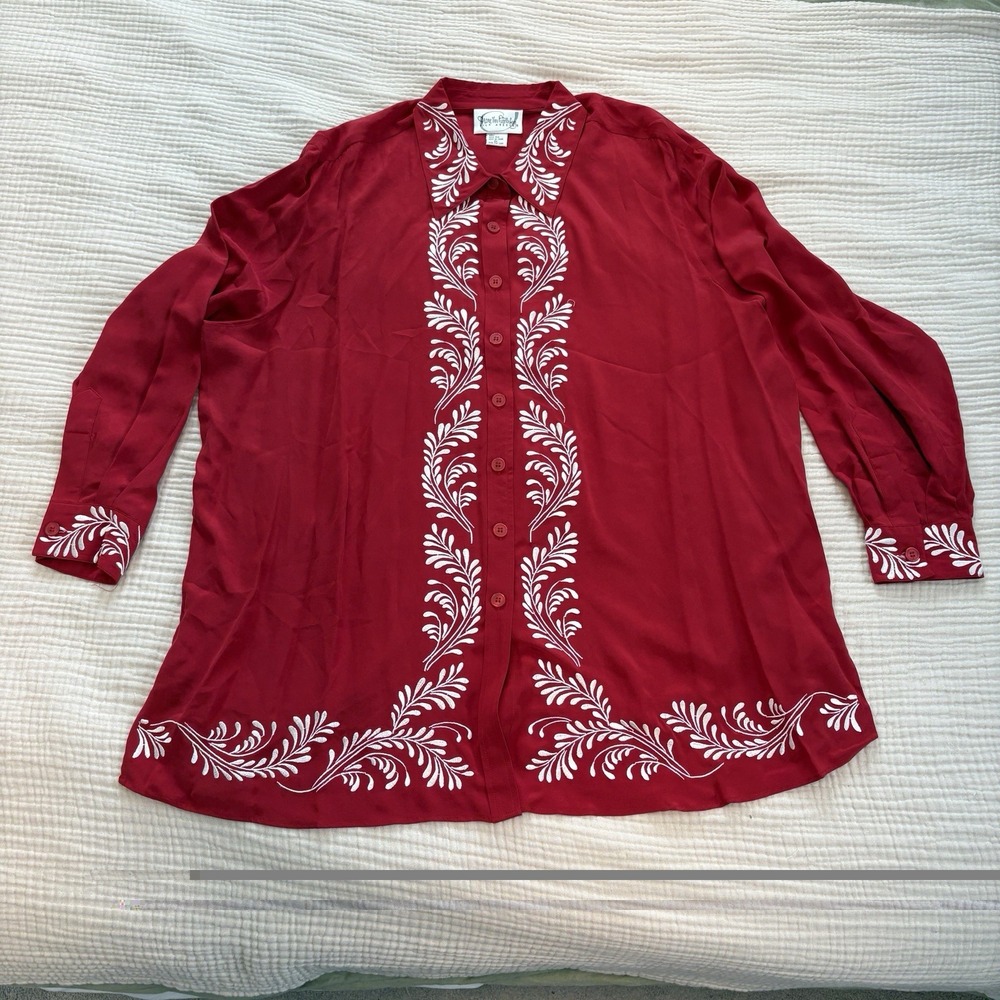 Diane Von Furstenberg Shirt 100% Silk Womens 2X Embroidered Long Sleeve Blouse
